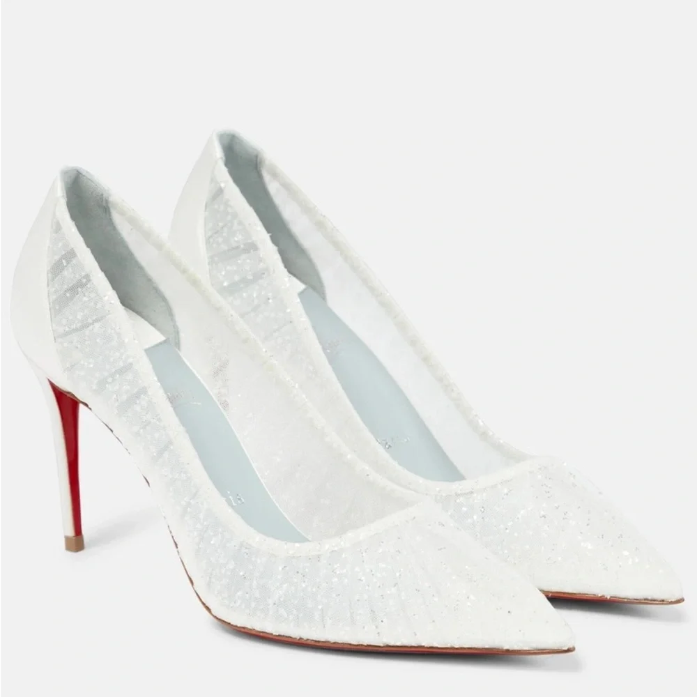 SOLD ‼️Christian Louboutin Kate Draperia 85 White Glitter Tulle Bridal Low Heel - Picture 1 of 16